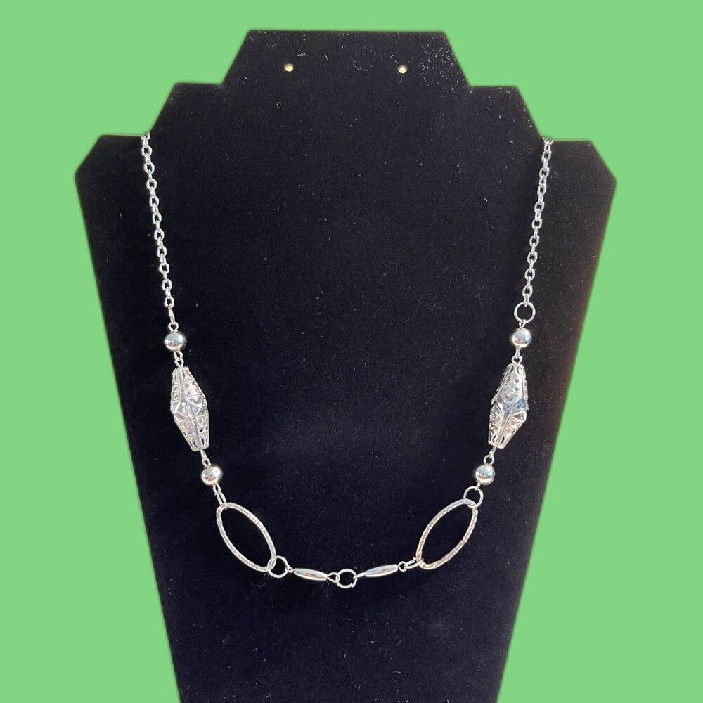 Silver Toned 20" Long Necklace With Silver Beads